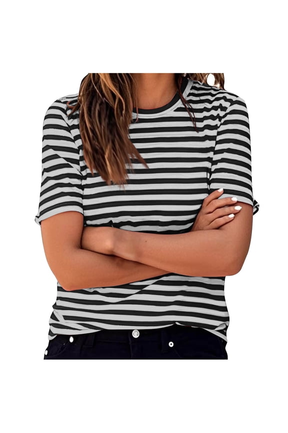 Womens Short Sleeve T-Shirts Summer Crew Neck Striped Womens Pullover Shirts