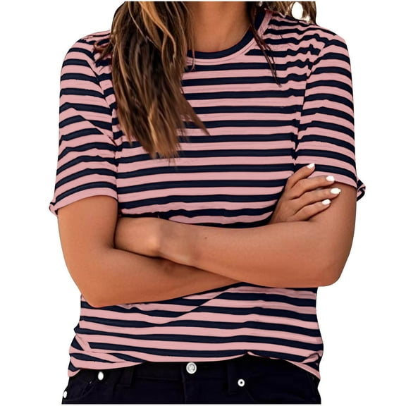 QUINDOS Womens Short Sleeve Tops Summer Crew Neck Striped Pullover Tops for Women