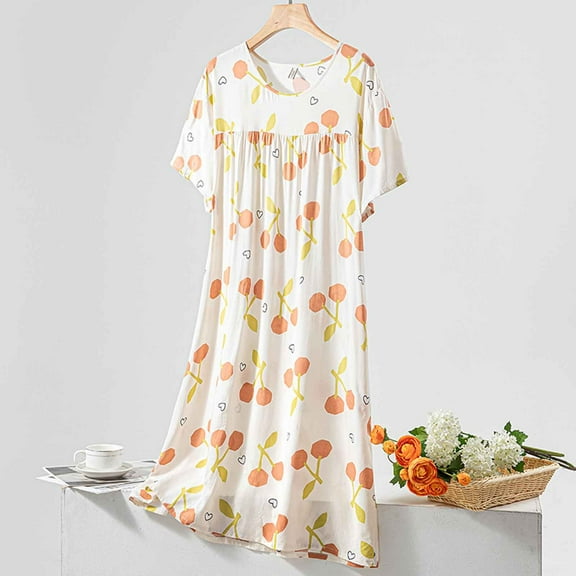 QUINDOS Womens Pajamas Mid Length Long Nightgowns for Women Short Sleeve Pleated Sleep Dress Casual Crew Neck Print Home Wear Night Dress