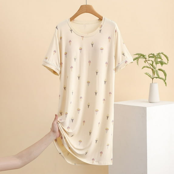 QUINDOS Womens Pajamas One Piece Mid Length Nightgowns for Women Padded Short Sleeve Sleep Shirt Casual Crew Neck Print Sleepwear Night Dress