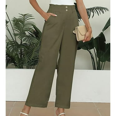 QUINDOS Womens Pants Casual Wide Leg Long High Waisted Pants Straight Fit Trousers with Pockets