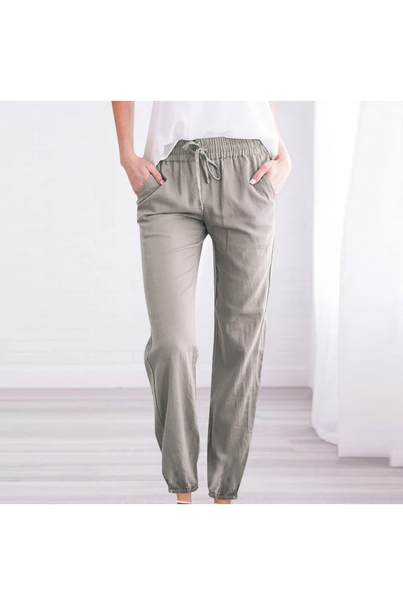 Womens Pants Taper Long High Waisted Casual Pants Cotton Linen Pull on Loose Trousers with Pockets