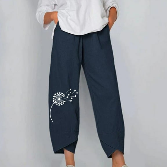 QUINDOS Womens Pants Straight-Leg High Waisted Ankle Length Casual Trousers Floral Loose Pants with Pockets