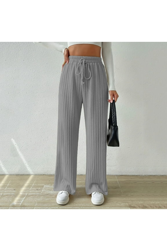 Womens Pants Wide Leg High Waisted Long Casual Trousers Knit Drawstring Straight Fit Pants with Pockets