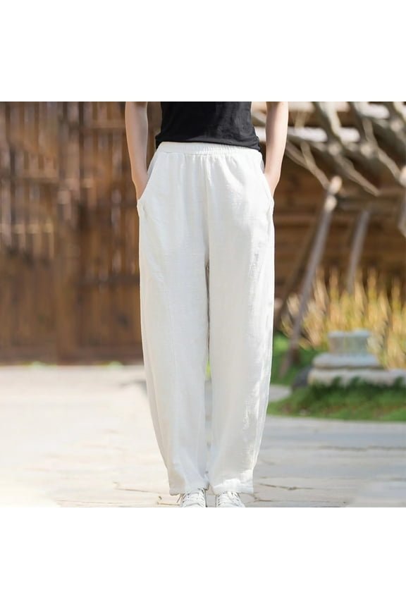 Womens Pants Plus Size Straight Leg High Waisted Long Casual Pants Cotton Linen Pull on Relaxed Fit Trousers with Pockets