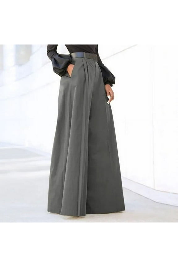 Womens Pants Plus Size Wide Leg Full Length High Waisted Casual Skirt Pants Cotton Pull on Loose Pants with Pockets