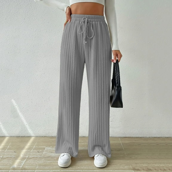 QUINDOS Womens Pants Plus Size Wide Leg Long High Waisted Casual Pants Knit Drawstring Straight Fit Trousers with Pockets