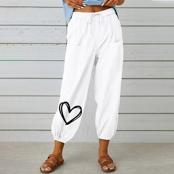 QUINDOS Womens Pants Trendy Taper High Waisted Ankle Length Outerwear Sweatpants Cotton Linen Heart Print Athletic Fit Pants with Pockets