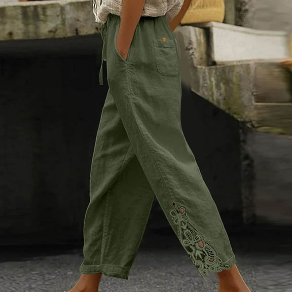 QUINDOS Womens Pants Wide Leg High Waisted Ankle Length Casual Sweatpants Cotton Linen Drawstring Relaxed Fit Pants with Pockets