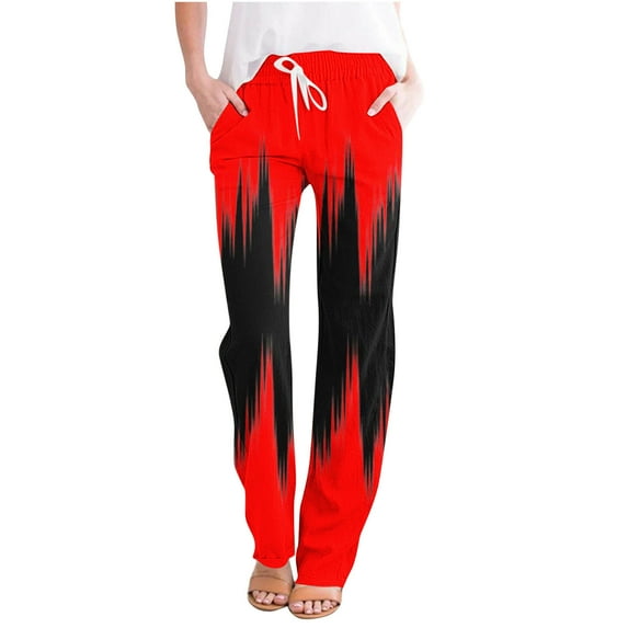 QUINDOS Womens Pants Wide Leg High Waisted Long Casual Pants Print Straight Fit Trousers with Pockets
