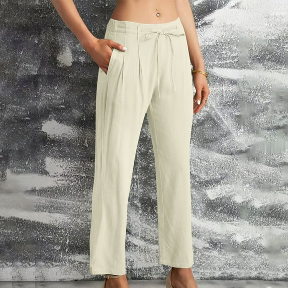 QUINDOS Womens Plus Size Pants Straight Leg High Waisted Long Athletic Sweatpants Cotton Linen Loose Pants with Pockets