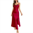 thumbnail image 1 of QUINDOS Womens Satin Pajamas Lace Long Nightgowns for Women Sling High Fork Suspenders Casual Solid Slim Club Wear Night Dress, 1 of 7