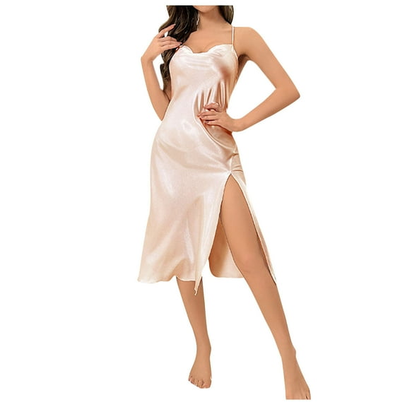 QUINDOS Womens Satin Pajamas Silk Knee Length Nightgowns for Women Sling High Fork Suspenders Casual Solid Slim Club Wear Night Dress