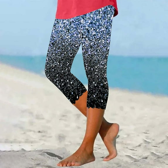 QUINDOS Womens Sequin Leggings High Waist Cropped Yoga Pants Shinny Slim Capris Leggings