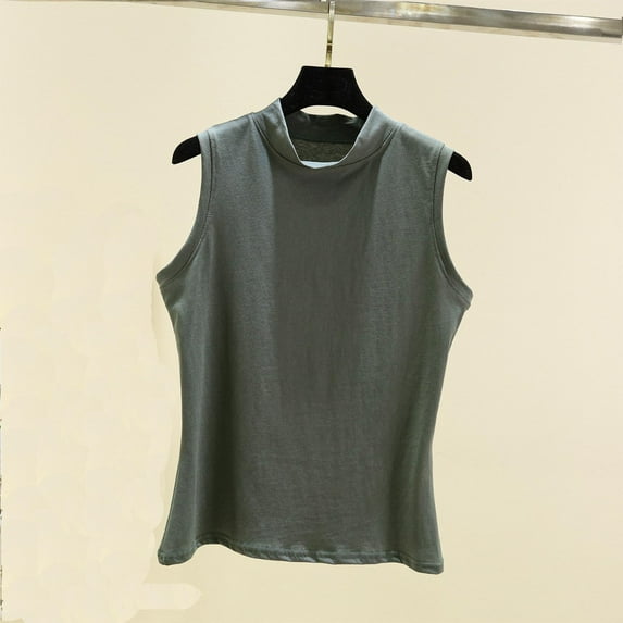 QUINDOS Womens Shirts Summer Gray Yoga Cotton Solid Round Neck Half High Collar Sleeveless Round Neck Womens Tank Tops