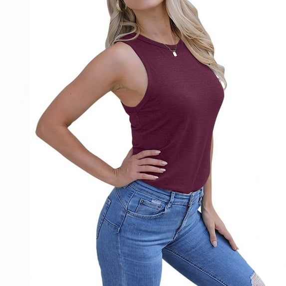QUINDOS Womens Shirts Yoga Wine Summer Fashion Casual Sleeveless Round Neck Ladies Tops Blouses Vest Tank Womens Tank Tops