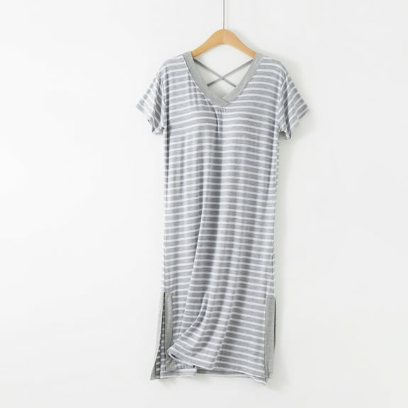 QUINDOS Womens Striped Pajamas Backless Long Nightgowns for Women Short Sleeve Hem Split Sleep Shirt Casual V Neck Hen Split Loose Home Wear Night Dress