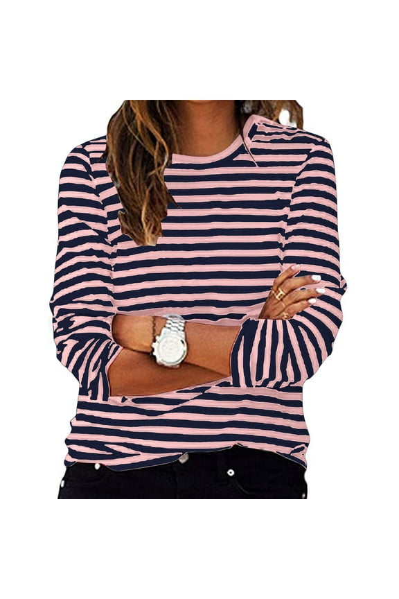 Womens Striped Tops Casual Long Sleeve Crew Neck Womens Winter T-shirts Tops