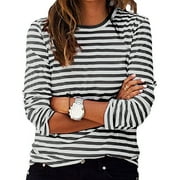 QUINDOS Womens Striped Tops Casual Long Sleeve Crew Neck Womens Winter T-shirts Tops