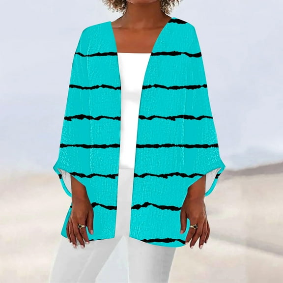 QUINDOS Womens Sweater Cardigans,Women's Printing Stripe 3/4 Sleeve Print Loose Shirt Tops Cardigan
