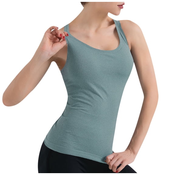 QUINDOS Womens T Shirts Green Gym Summer New Nude Yoga Tops Tank Tops With Chest Cushion Beautiful BackTight And Long Fitness Sports Tank Top Tank Tops for Women