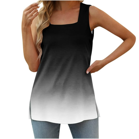 QUINDOS Womens T Shirts Gym Black Summer Fashion Printed Vest Loose Sleeveless T-shirt Pullover Tops Tank Tops for Women