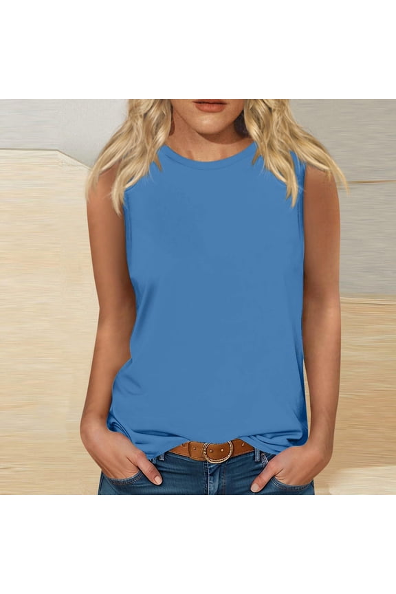 Womens T Shirts Gym Sky Blue Summer Casual Fashion Solid Color Loose Round Neck Sleeveless Tank Tops for Women