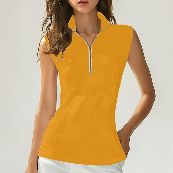 QUINDOS Womens T Shirts Gym Yellow Summer Sports Breathable Mesh Tank Tops Zipper T-shirt Baseball Sports Shirt Top Tank Tops for Women