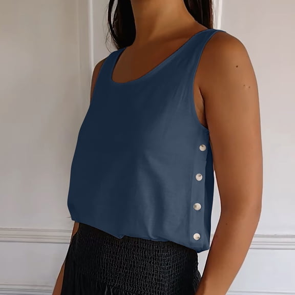 QUINDOS Womens Tank Tops 2025 Basic Dark Blue Cotton Summer Round Neck Sleeveless Casual Solid Color Loose Buttons Blouse Womens Camisoles 2025