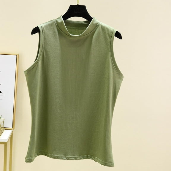 QUINDOS Womens Tank Tops 2025 Cotton Summer Basic Green Solid Round Neck Half High Collar Sleeveless Round Neck Camisoles for Women