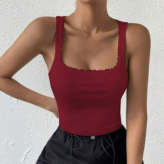 QUINDOS Womens Tank Tops 2025 Wine Summer Basic Fashion Casual Round- Neck Sleeveless Lace Solid Tops Blouse Camisoles for Women 2025