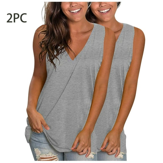 QUINDOS Womens Tank Tops Basic Casual Summer 2 Pack Womens Camisoles Sleeveless MultiPack Strap V-Neck Shirts Tops Loose Solid Color Undershirts