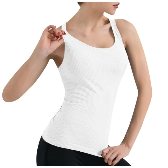 QUINDOS Womens Tank Tops White Workout Summer New Nude Yoga Tops Tank Tops With Chest Cushion Beautiful BackTight And Long Fitness Sports Tank Top Womens Camisoles