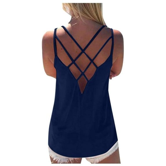 QUINDOS Womens Tank Tops Plus Size Navy Exercise Cotton Summer Fashion Solid Vest Round-Neck Loose Sleeveless Pullover Tops Blouse Camisoles for Women Plus Size