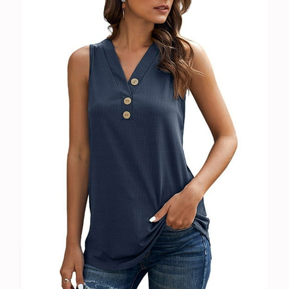 QUINDOS Womens Tank Tops Plus Size Summer Ribbed Dark Blue Fashion Loose Solid CCausal Sleeveless V-Neck Button T-shirt Tops Blouse Camisoles for Women