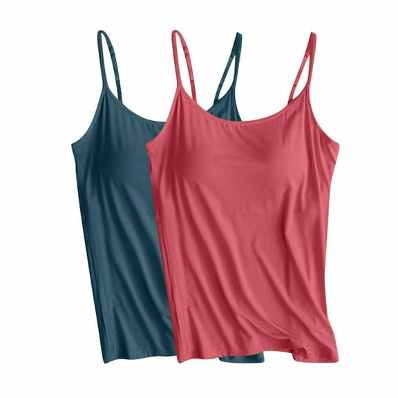 QUINDOS Womens Tank Tops Summer 2 Pack Athletic with Built in Bras Womens Camisoles MultiPack Sleeveless Spaghetti Strap Crew Neck Workout Cami Shirts Slim Fitted Solid Color Undershirts