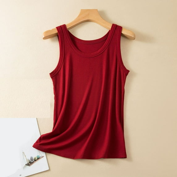 QUINDOS Womens Tank Tops Summer Gym Wine Solid Color Loose Sleeveless Round Neck T-shirt Home Tops Thin Bottoming Shirt Camisoles for Women Plus Size