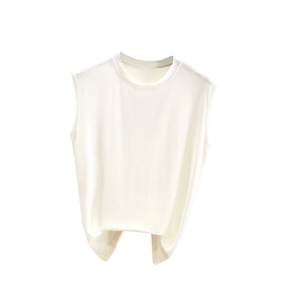 QUINDOS Womens Tank Tops Summer White Gym Solid Color Round Neck Sleeveless Thin Oversized Base Shirt Casual Versatile Solid Color Tops Round Neck Camisoles for Women Plus Size