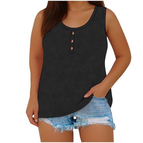 QUINDOS Womens Tank Tops Workout Black Summer Pull-over Fashionable Knitted Casual With Round Neck Strap Button Tops Camisoles for Women Plus Size