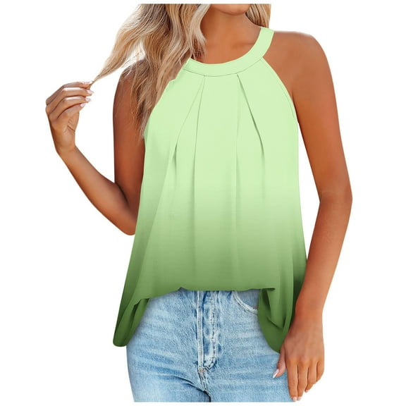 QUINDOS Womens Tops Green Ribbed Summer Printed Round Neck Pullover Fashionable Casual Round Neck Strap Button Tops Womens Tank Tops