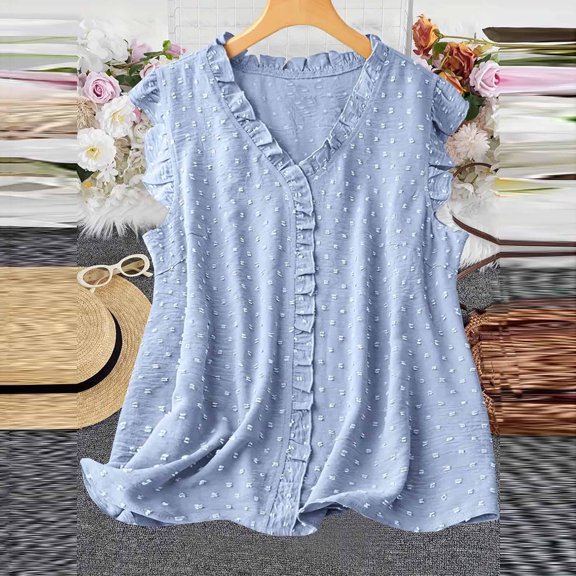 QUINDOS Womens Tops Light Blue Summer Ribbed Fashionable Solid V-Neck RuffleTank Tops Sleeveless Casual Tank Blouses Womens Tank Tops