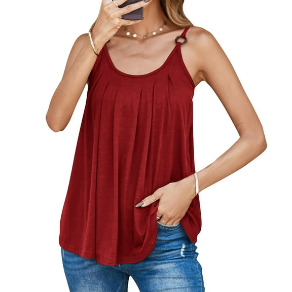 QUINDOS Womens Tops Red Summer Ribbed Solid Color Adjustable Camisole Loose Sleeveless Round Neck Camisole Womens Tank Tops