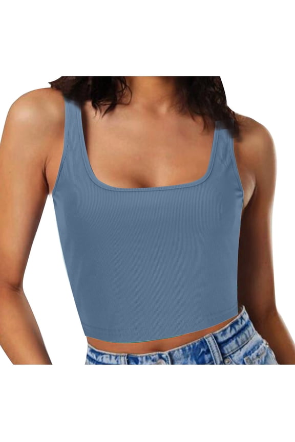 Womens Tops Ribbed Blue Fashion Summer Square Neck Sleeveless Solid Casual Blouses Tops Womens Tank Tops