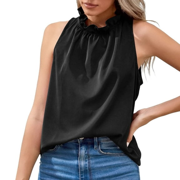 QUINDOS Womens Tops Ribbed Summer Black Fashion Solid Sleeveless Vest T-shirt Blouse Casual Tops Womens Tank Tops