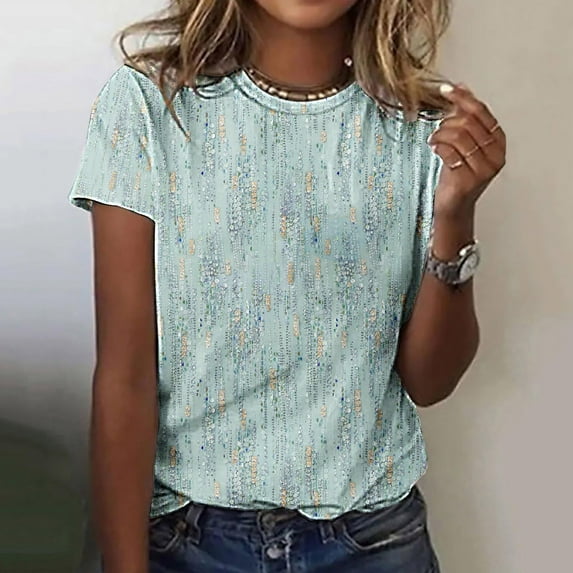 QUINDOS Womens Tshirt Short Sleeve Green Summer Plus Size Tops for Women Floral Crew Neck Vintage Casual Tops