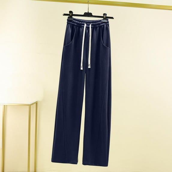 QUINDOS Womens Wide Leg Pants High Waisted Long Casual Trousers Cotton Drawstring Loose Pants with Pockets