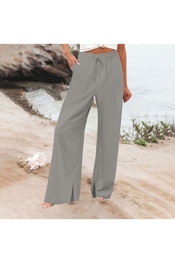 Womens Wide Leg Pants High Waisted Long Casual Trousers Side Split Loose Pants with Pockets