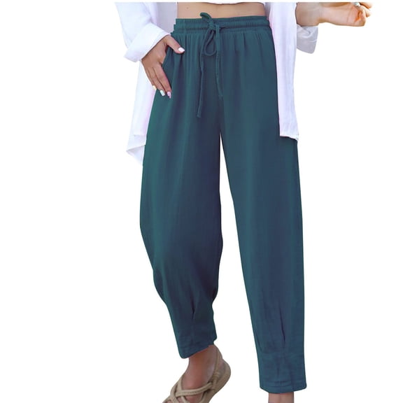 QUINDOS Womens Wide Leg Pants Straight Leg High Waisted Long Casual Trousers Drawstring Relaxed Fit Pants with Pockets