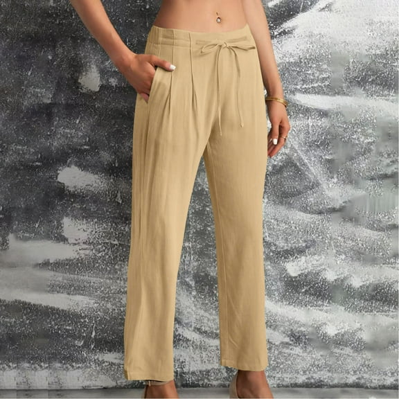 QUINDOS Womens Wide Leg Pants Straight Leg Long High Waisted Athletic Sweatpants Cotton Linen Loose Pants with Pockets