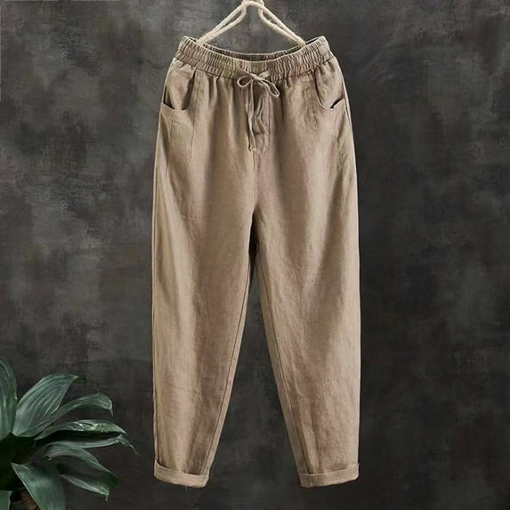 QUINDOS Womens Wide Leg Pants Taper High Waisted Long Casual Trousers Cotton Linen Drawstring Straight Fit Pants with Pockets